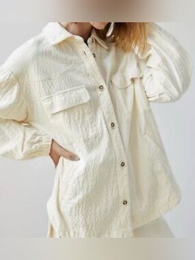 Maeve Anthropologie Corduroy Shirt Jacket Sz Large Cream Plaid Pockets Oversized